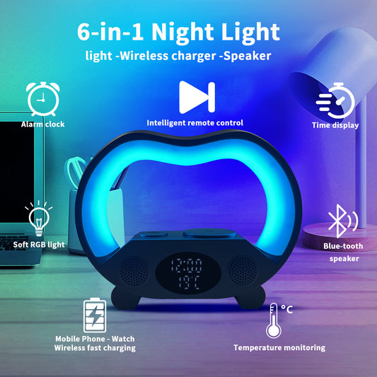 2024 New 6 In 1 Smart Remote Control Bluetooth Ambience Intelligent LED Table Lamp Multi-function Wireless Charger Night Light Bluetooth Speaker - GadgetHub