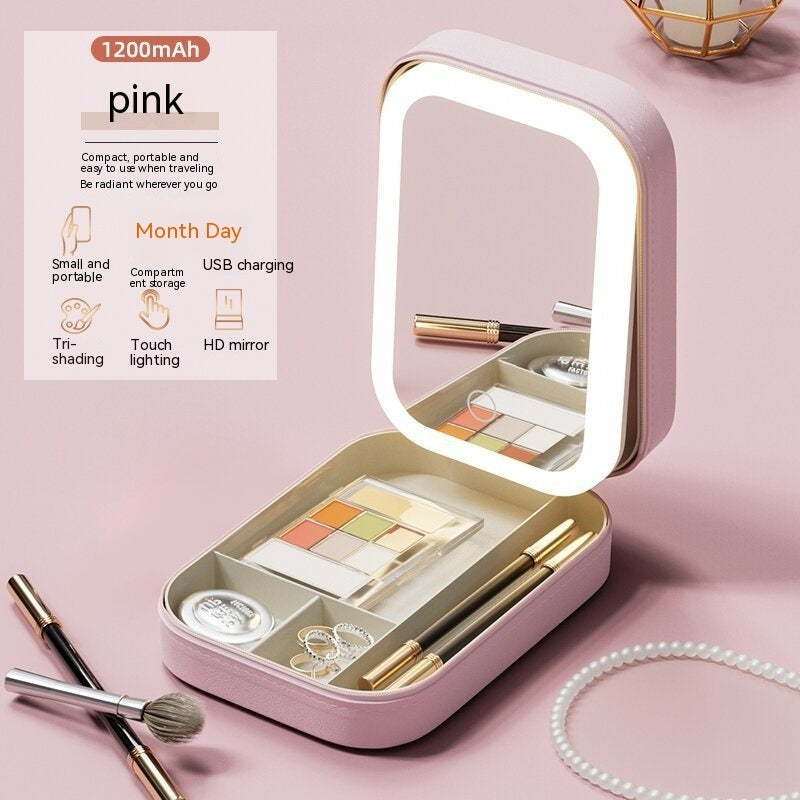 Makeup Storage Box With LED Light Mirror Portable Travel Makeup Cosmetics Storage Box Touch Light Storage Organizer - GadgetHub