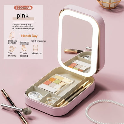 Makeup Storage Box With LED Light Mirror Portable Travel Makeup Cosmetics Storage Box Touch Light Storage Organizer - GadgetHub